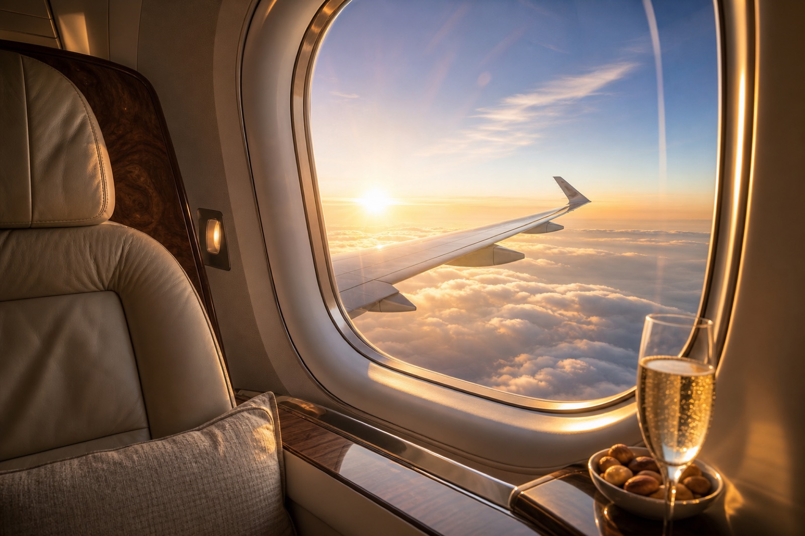 The view from a business-class window seat at sunset, a wing above a sea of clouds, with a glass of champagne on the tray table